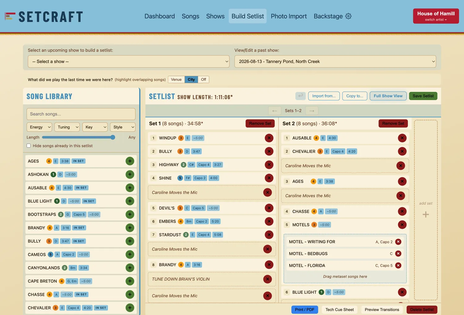 The Setcraft builder on a Mac: the song library with search, filters and a length slider on the left, two sets side by side with running times, between-song notes, and buttons for print, tech cue sheet and transition previews.